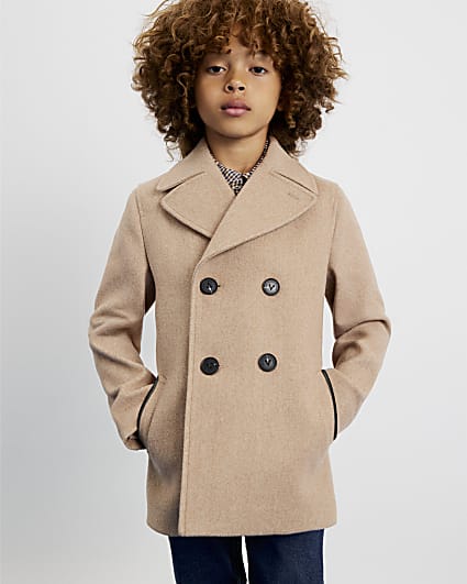 Boys Beige Double Breasted Peacoat