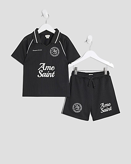 Mini Boys Black Football T-Shirt Set