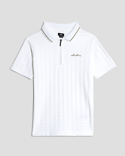Boys White Dogtooth Texture Polo Shirt