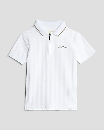 Mini Boys White Dogtooth Texture Polo Shirt