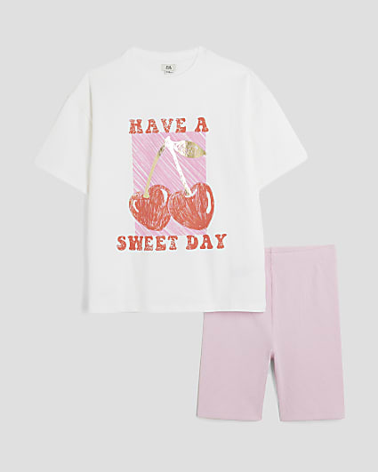 Girls White Cherry T-Shirt Set
