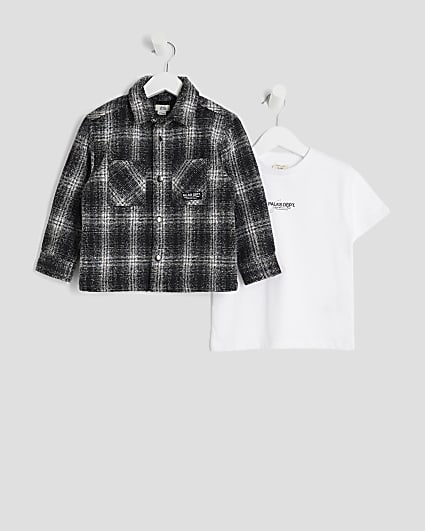 Mini Boys Black Monochrome Check Shacket Set