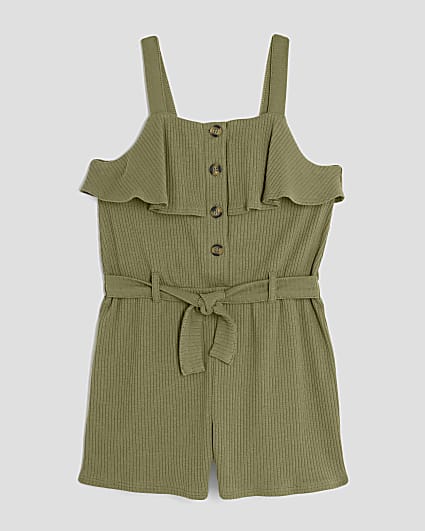 Girls Khaki Ribbed Belted Playsuit