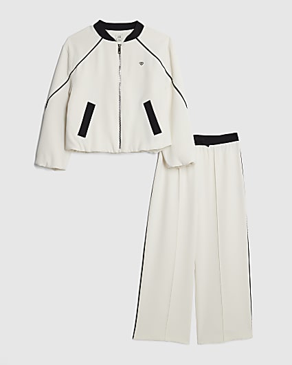 Girls Cream Bomber Jacket Trousers Set