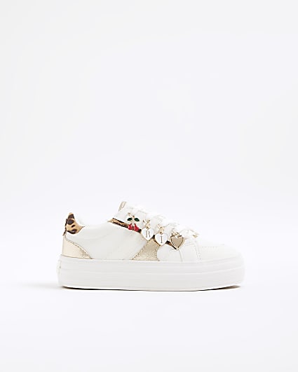 Girls White Leopard Charm Trainers