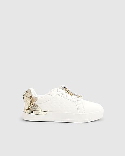Girls White Bow Back Charm Trainers