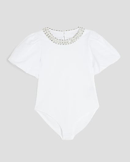 Girls White Embellished Collar Bodysuit