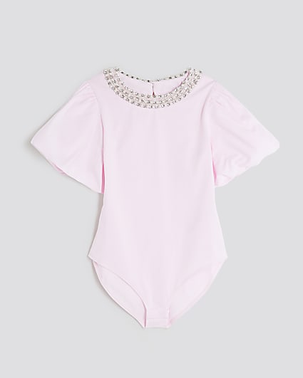 Girls Pink Embellished Collar Bodysuit