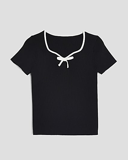 Girls Black Knit Sweetheart Bow Top