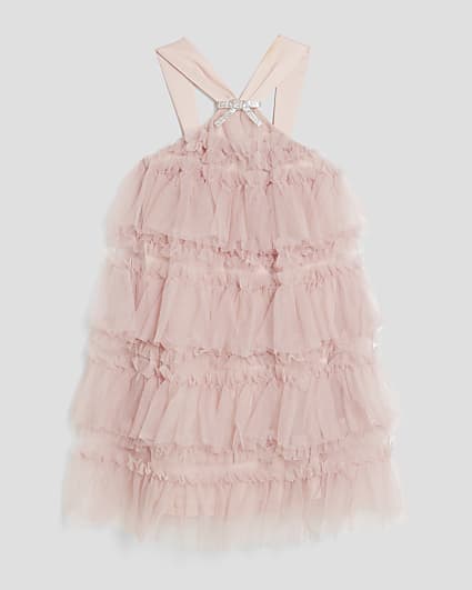 Girls Pink Tulle Layered Halter Neck Dress