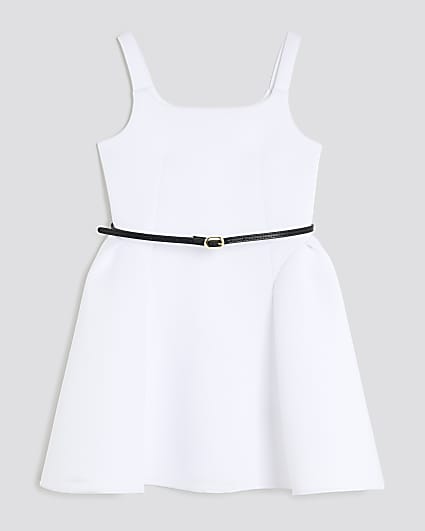 Girls White Belted Scuba Dress