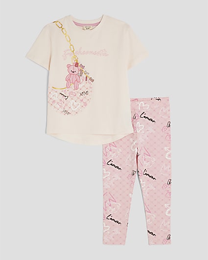 Mini Girls Pink Bear RI Monogram T-shirt Set