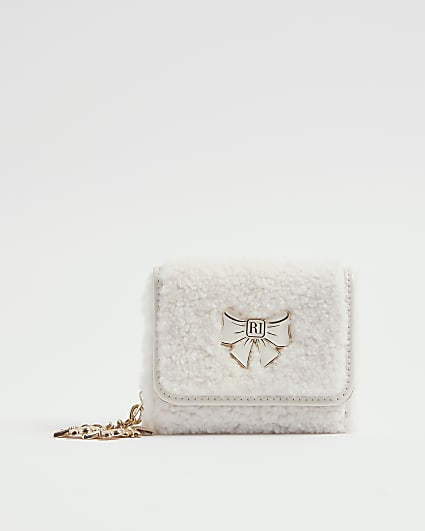 Girls Cream Borg Bow Purse