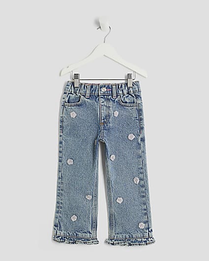 Mini Girls Blue Straight Leg Floral Jeans