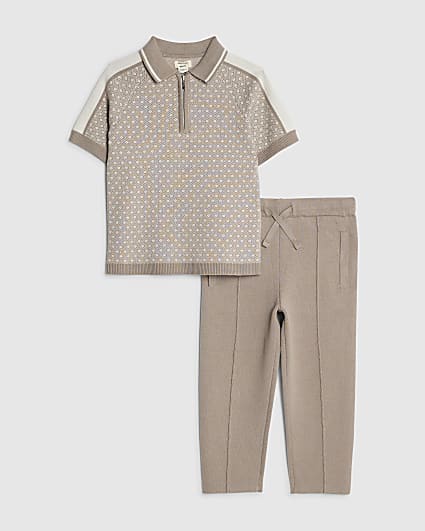 Mini Boys Beige Geometric Polo Shirt Set