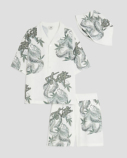 Boys White Japanese Dragon Shirt 3 Piece Set