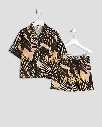 Mini Boys Orange Palm Print Beach Shirt Set
