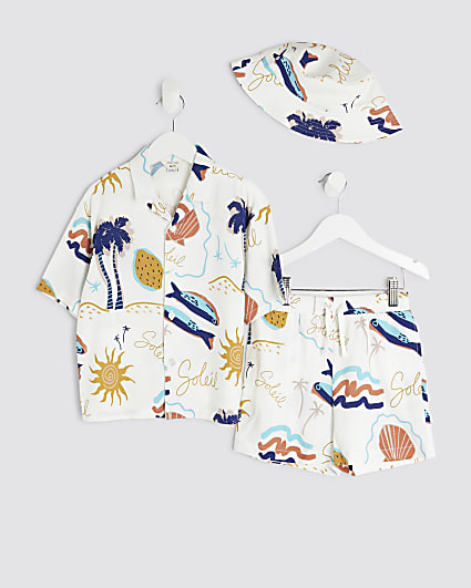 Mini Boys White Beach Print 3 Piece Set