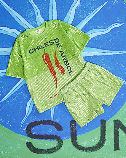 Girls Green Atlas Sequin T-shirt & Shorts Set