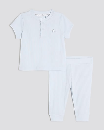 Baby Boys Blue Ribbed Top And Leggings Set