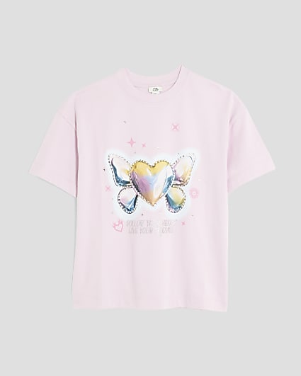 Girls Pink Embellished Chrome Heart T-Shirt