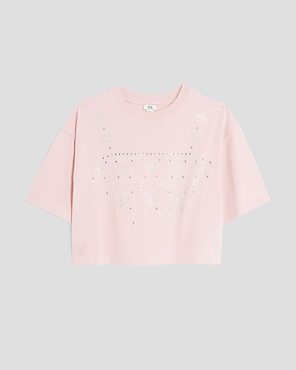 Girls Pink Diamante Heart Vest T-Shirt
