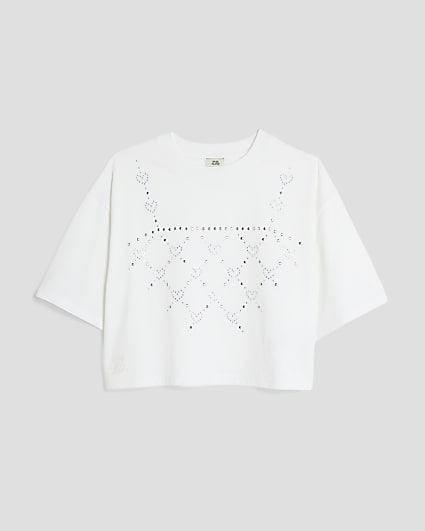 Girls White Diamante Heart Vest T-Shirt