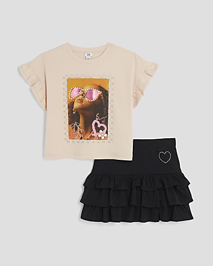 Girls Black Girl T-Shirt And Skirt Set