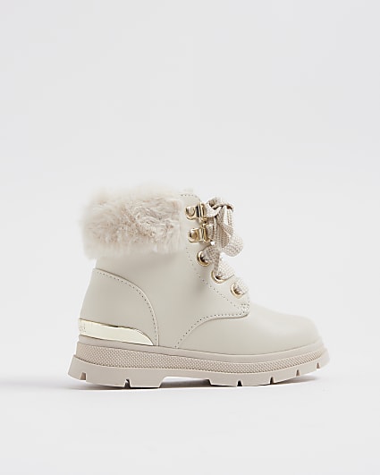 Mini Girls Cream Faux Fur Trim Lace Up Boots