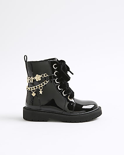 Mini Girls Black Charm Chain Lace Up Boots