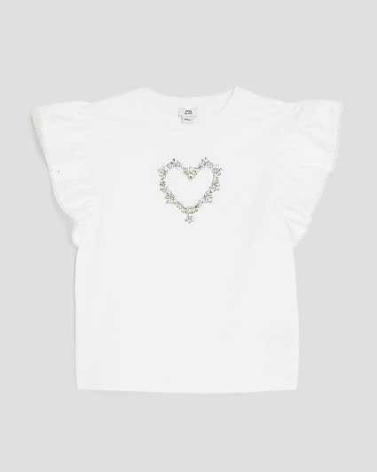 Girls White Heart Frill Sleeve T-Shirt