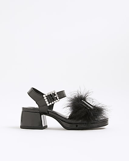 Girls Black Faux Feather Bow Heeled Sandals