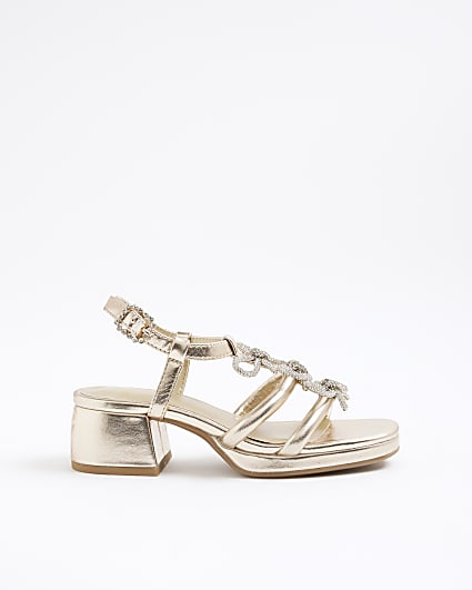 Girls Gold Triple Bow Heeled Sandals