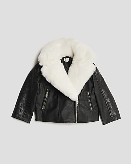 Mini Girls Faux Fur Collar Biker Jacket