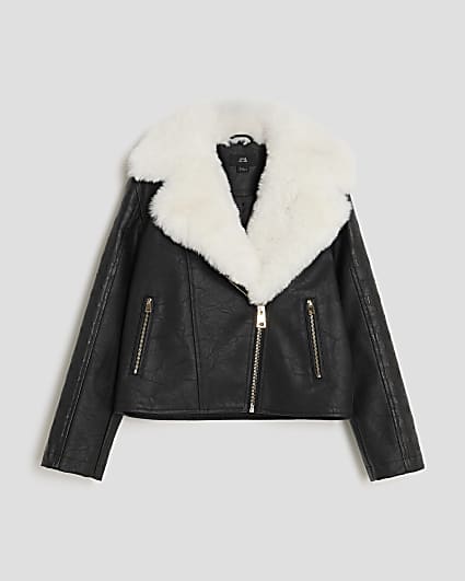 Girls Black Monogram Faux Fur Biker Jacket