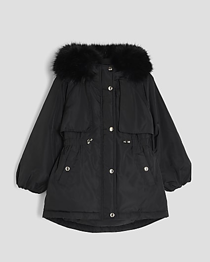 Girls Black Faux Fur Hood Coat