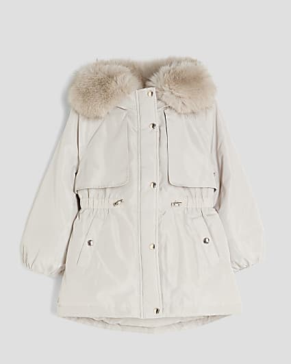 Girls Beige Faux Fur Hood Coat
