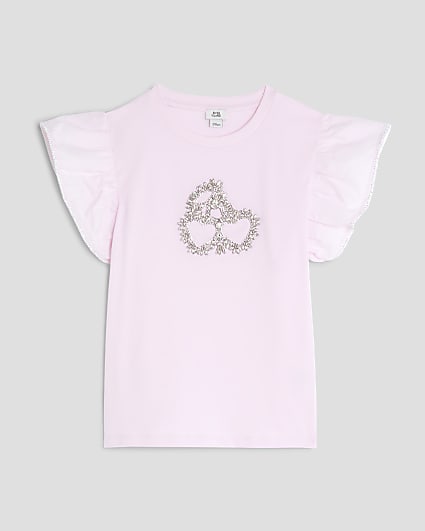 Girls Pink Frill Sleeve Cherry T-Shirt