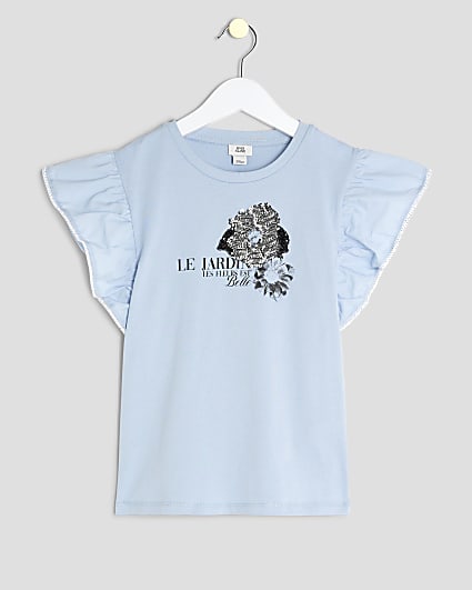 Girls Blue Frill Sleeve Embellished T-Shirt