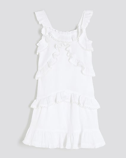 Girls White Tiered Lace Trim Frill Dress