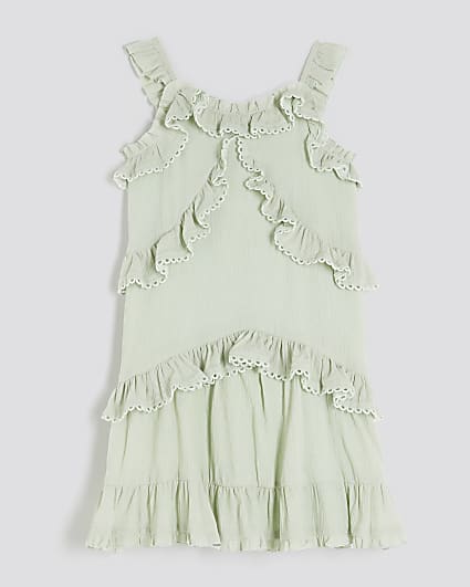 Girls Green Tiered Lace Trim Frill Dress