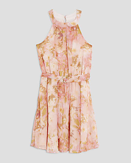Girls Pink Halter Neck Floral Dress