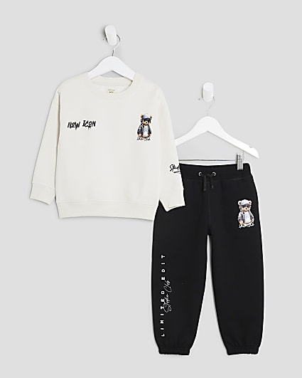 Mini Boys Cream Graffiti Bear Sweatshirt Set