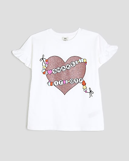 Girls White Glitter Heart Frill T-Shirt