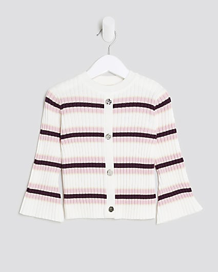 Mini Girls Cream Knitted Striped Cardigan