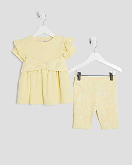 Mini Girls Yellow Daisy Bow Ribbed Top Set