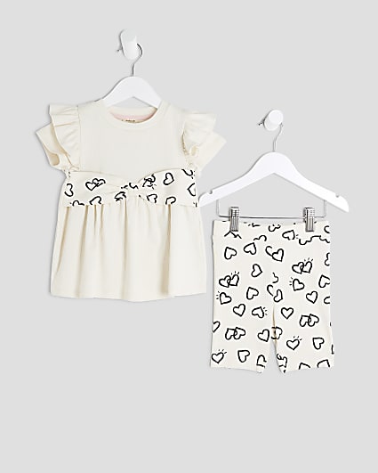 Mini Girls Cream Heart Bow Ribbed Top Set