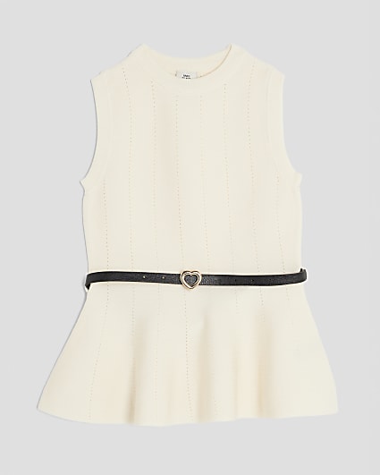 Girls Cream Belted Peplum Top