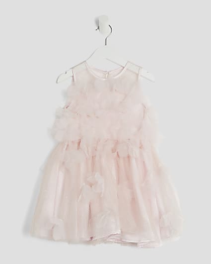 Mini Girls Pink 3D Floral Tulle Skater Dress