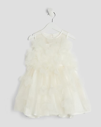 Mini Girls Cream 3D Floral Tulle Skater Dress